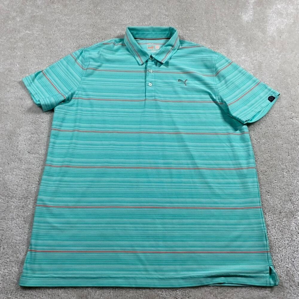 Puma Polo Shirt Mens XXL Blue Golf Dry Cell Striped Rickie Fowler Summer Preppy